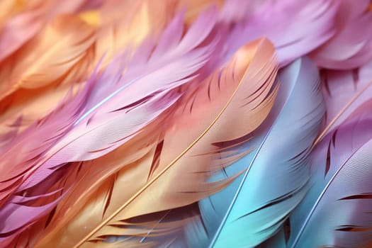 Colorful feathers, feather pattern in soft colors. Bright background.