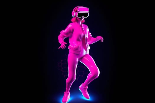 woman digital innovation virtual young blue vr purple tech neon sport internet gadget reality three-dimensional smart lifestyle glasses creative game goggle. Generative AI.