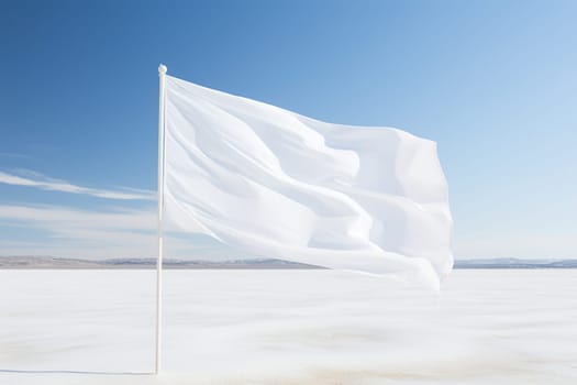 An empty white waving flag on a clear sky in a vacant lot.