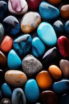 Vertical wallpaper made of multi-colored beach stones. Background of colored pebbles.