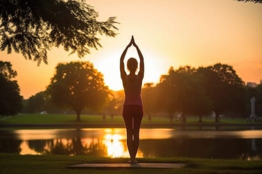 Woman doing yoga by the water in sunrise or sunset, silhouette. AI Generated. High quality illustration