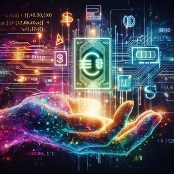 hand pay symbol graphic digital money, finance concept, virtual digital currency, and crypto value generative ai art