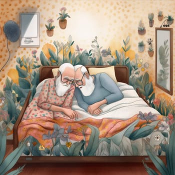 man woman couple partner together happy rest old female person aged mature bed lifestyle retired male lying sleeping love concept home asleep. Generative AI.