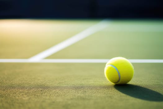 Closeup of yellow tennis ball on court floor. AI Generated