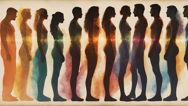 Glowing silhouettes of women and men. AI generated