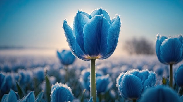 Field of frozen blue tulips. AI generated