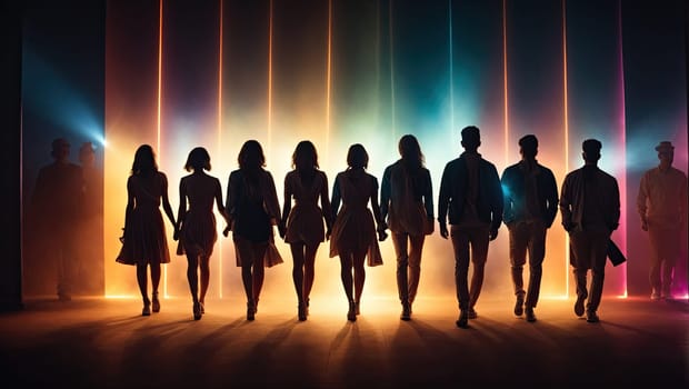 Glowing silhouettes of women and men. AI generated