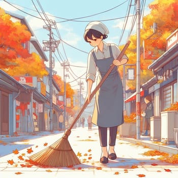 Janitor sweeps the autumn the street