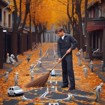 Janitor sweeps the autumn the street