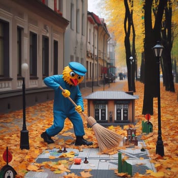 Janitor sweeps the autumn the street