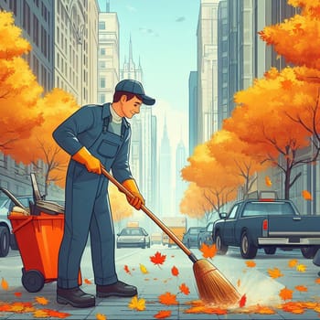 Janitor sweeps the autumn the street