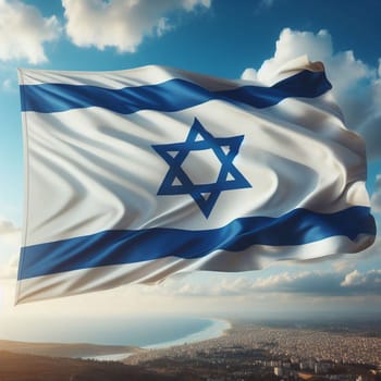 The flag of the State of Israel flutters in a the sky