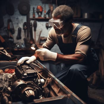 Checking a boat motor in a the workshop