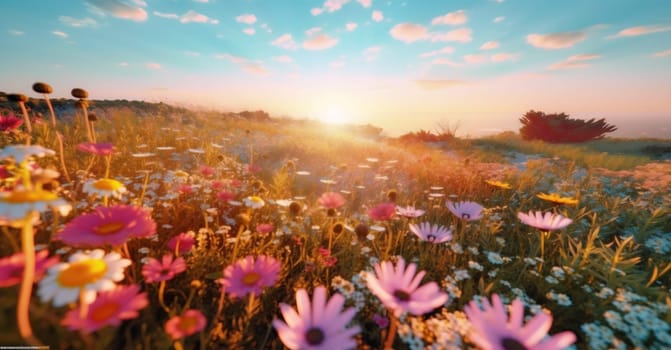 spring season colorful pink purple autumn outdoor violet sky background color rural field nature blooming landscape sunset beautiful flower white meadow. Generative AI.