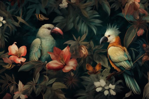 bird artwork nature wallpaper flora tropic jungle tropical flower illustration palm leaf beach garden forest retro art pattern seamless exotic. Generative AI.