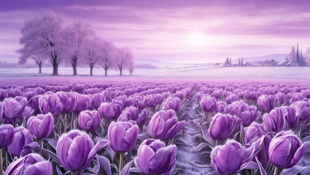 Field of frozen bright tulips. AI generated