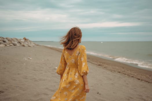 fashionable woman fashion freedom nature gypsy summer outfit back holiday style beautiful person dress lifestyle sand hippie model beach beauty sea. Generative AI.