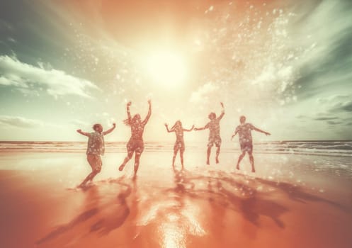 evening man ocean team jump lifestyle friend happiness adult vacation silhouette group hand sunset travel holiday young fun party youth company. Generative AI.