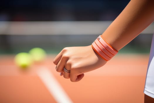 Portrait of a woman playing on tennis court. Woman preparing to beat a ball. AI Generated. High quality illustration