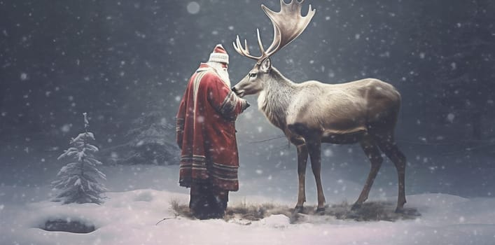 banner deer merry template forest reindeer card santa night illustration vintage greeting victorian christmas snow design noel sleigh claus tree. Generative AI.