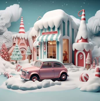 car merry christmas concept carrying copy snow red retro holiday xmas gift unusual santa small present design festive space winter candy. Generative AI.