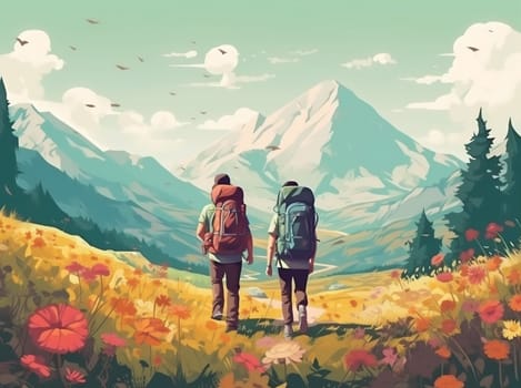 woman camping man hike couple vacation outdoor person sky nature illustration forest adventure wilderness mountain cartoon hiking balefire relaxation travel tent summer. Generative AI.