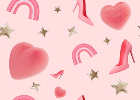 Pink seamless pattern with stars, hearts, high heels. Applicable for fabric print, textile, wallpaper, gifts wrapping paper. Repeatable texture. Modern style, pattern for girls bedding, clothes. 3D