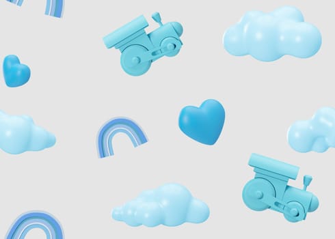 Gray seamless pattern with blue trains, hearts, clouds. Applicable for fabric print, textile, wallpaper, gifts wrapping paper. Repeatable texture. Modern style, pattern for boys bedding, clothes. 3D