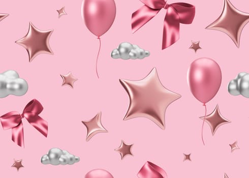 Pink seamless pattern with stars, ribbons, balloons. Applicable for fabric print, textile, wallpaper, gifts wrapping paper. Repeatable texture. Modern style, pattern for girls bedding, clothes. 3D