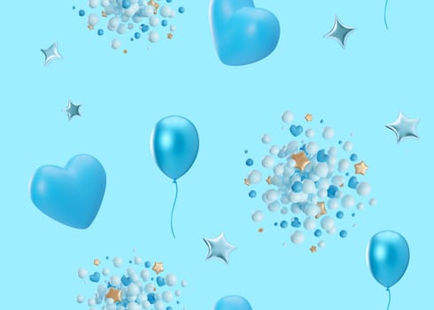 A playful and festive seamless pattern with balloons, hearts. Applicable for fabric print, wallpaper, gifts wrapping paper. Repeatable texture. Pattern for boys. Perfect for celebration themes. 3D