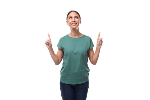 young slim woman dressed in a green basic t-shirt with mockup.
