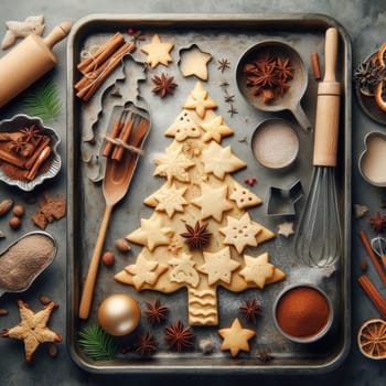 Christmas baking background with fir tree made from kitchen utensils, cookies, spices, cinnamon sticks, anise stars on rustic baking tray, top view