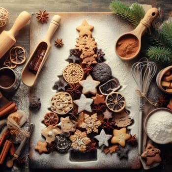 Christmas baking background with fir tree made from kitchen utensils, cookies, spices, cinnamon sticks, anise stars on rustic baking tray, top view