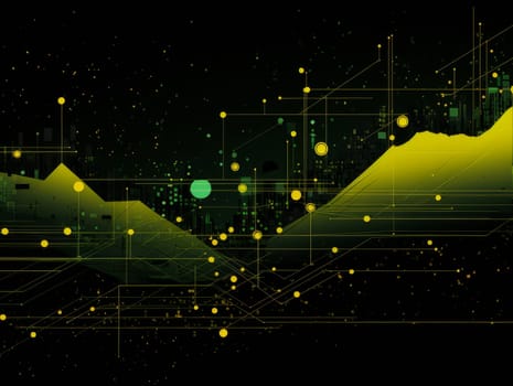 Abstract technology, green and yellow neon background of lines and dots, science and technology business concept of digital future technologies. AI