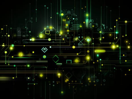 Abstract technology, green and yellow neon background of lines and dots, science and technology business concept of digital future technologies. AI