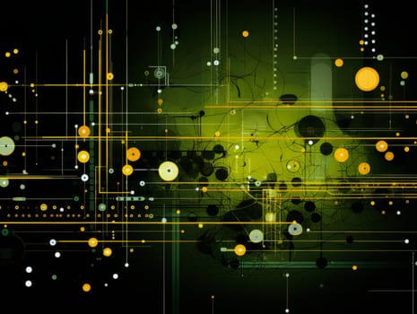 Abstract technology, green and yellow neon background of lines and dots, science and technology business concept of digital future technologies. AI