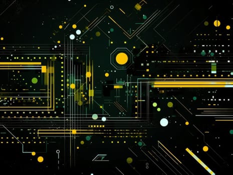 Abstract technology, green and yellow neon background of lines and dots, science and technology business concept of digital future technologies. AI