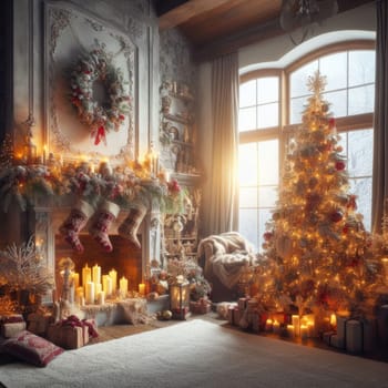 Christmas morning interior with christmas tree decorated fireplace and big window. White loft.