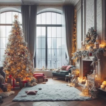Christmas morning interior with christmas tree decorated fireplace and big window. White loft.
