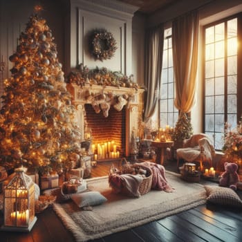 Christmas morning interior with christmas tree decorated fireplace and big window. White loft.
