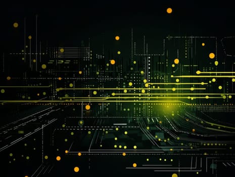 Abstract technology, green and yellow neon background of lines and dots, science and technology business concept of digital future technologies. AI