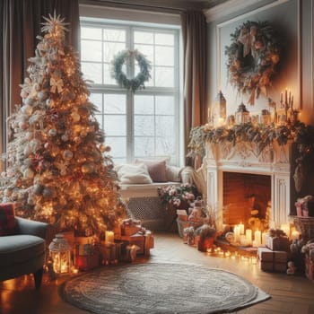 Christmas morning interior with christmas tree decorated fireplace and big window. White loft.