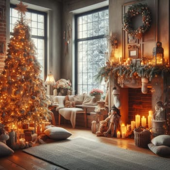 Christmas morning interior with christmas tree decorated fireplace and big window. White loft.