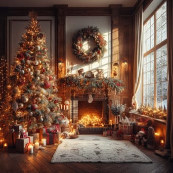 Christmas morning interior with christmas tree decorated fireplace and big window. White loft.