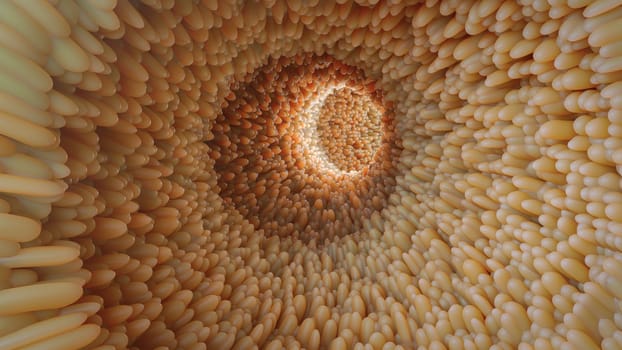 An immersive 3D journey through the colon, focusing on the detailed landscape of the intestinal villi critical for nutrient absorption.