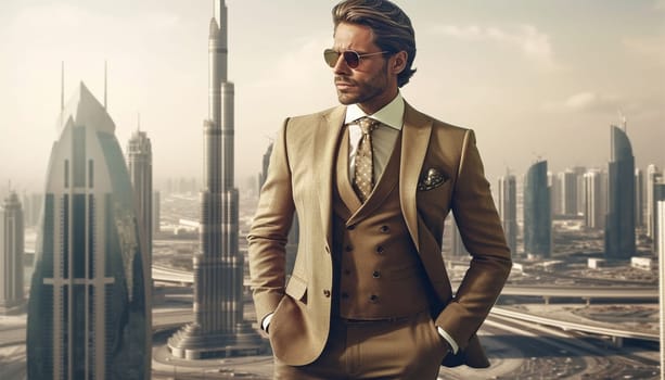 Young Handsome successful man wearing luxury suit tie sunglasses watches posing with Dubai on the background. Young handsome successful business man Copy space