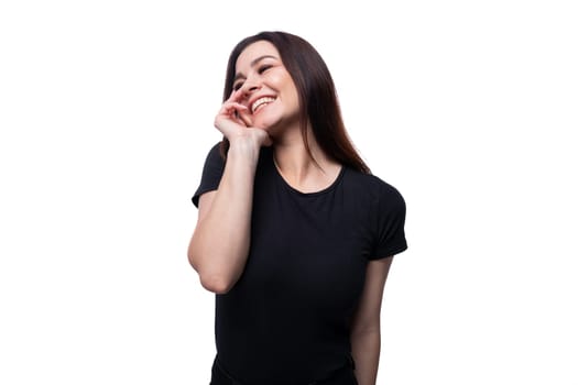 Young charming caucasian woman with brown eyes isolated on white background with copy space.