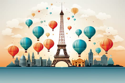 New Year's idea with the Eiffel Tower and hot air balloons during the New Year.by Generative AI.