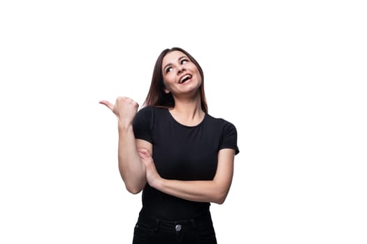 Young happy lady with brown eyes on a background with copy space.