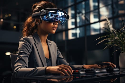 Business woman wearing a VR headset. Surreal world and virtual reality. Working in a modern office by Generative AI.